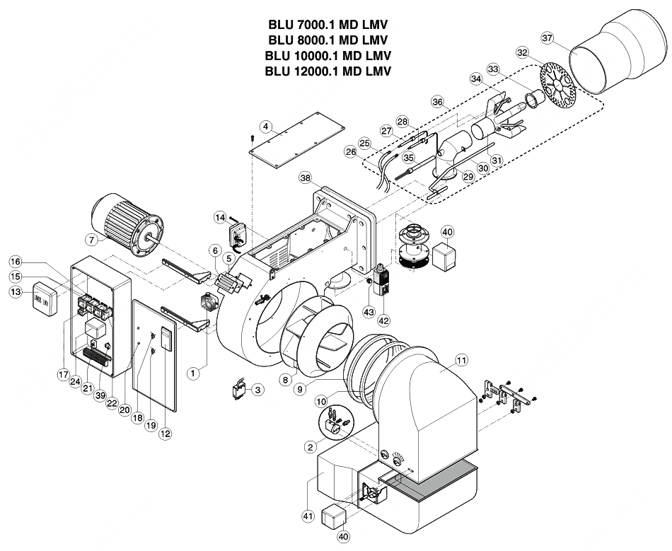 Схема деталей горелки газовой Ecoflam BLU 7000.1 MD LMV/8000.1 MD LMV/10000.1 MD LMV/12000.1 MD LMV