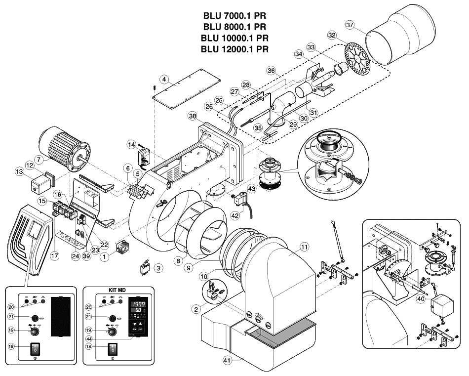 Схема деталей горелки газовой Ecoflam BLU 7000.1 PR / 8000.1 PR / 10000.1 PR /  12000.1 PR