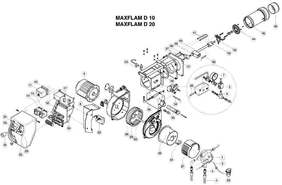 Схема деталей горелки мазутной Ecoflam Maxflam D 10 / D 20