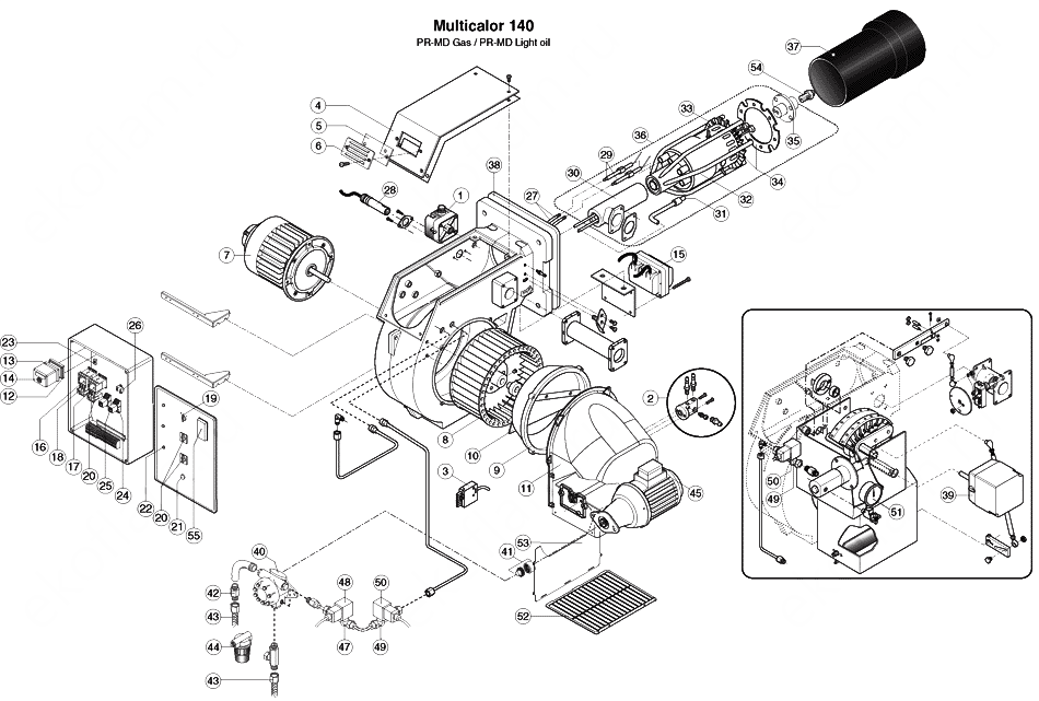 Схема деталей горелки комбинированной Ecoflam Multicalor 140 PR MD