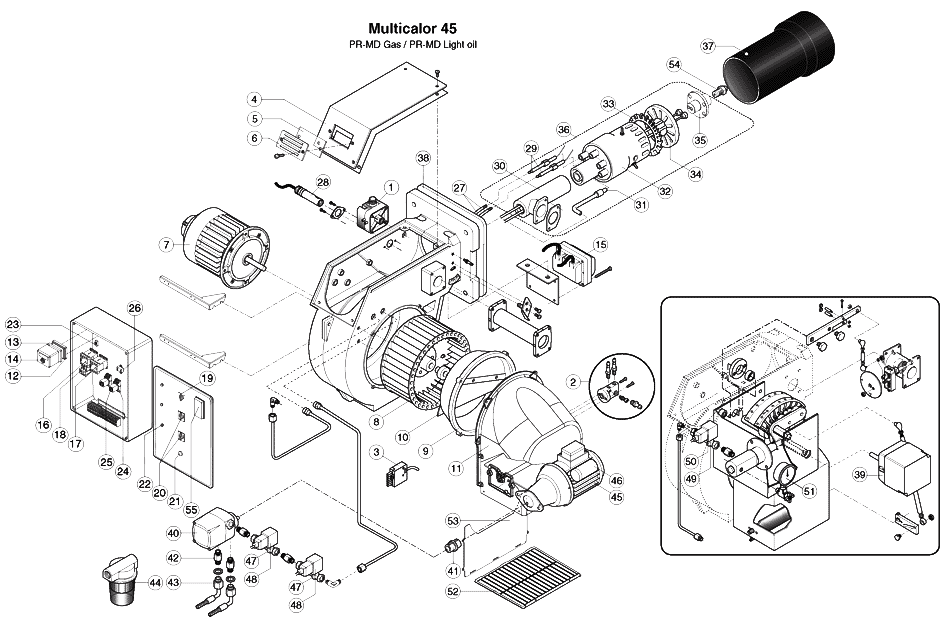 Схема деталей горелки комбинированной Ecoflam Multicalor 45 PR MD