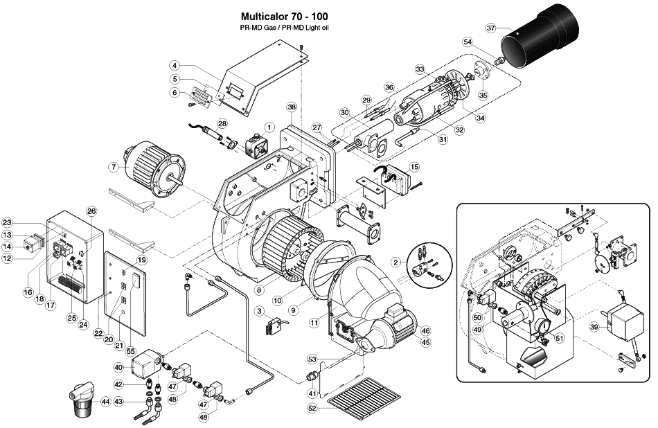 Схема деталей горелки комбинированной Ecoflam Multicalor 70 PR MD / 100 PR MD