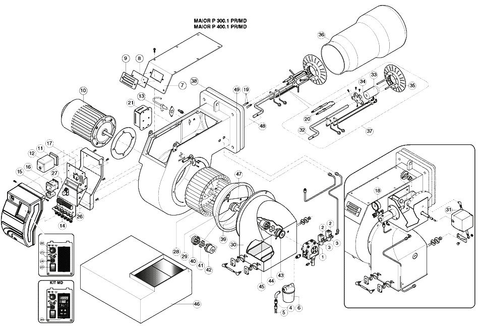 Схема деталей горелки дизельной Ecoflam Maior P 300.1 PR MD / P 400.1 PR MD