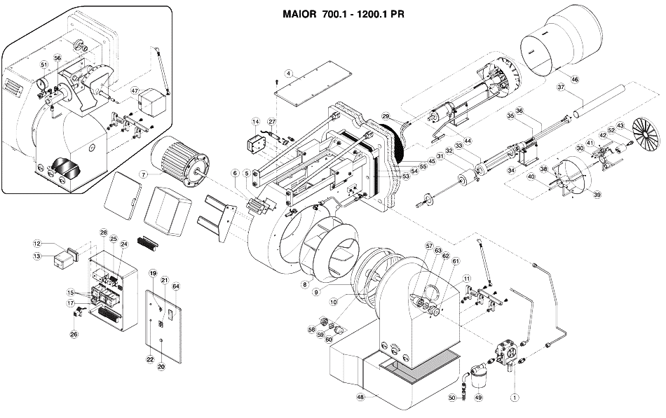 Схема деталей горелки дизельной Ecoflam Maior P 700.1 PR/P 1200.1 PR