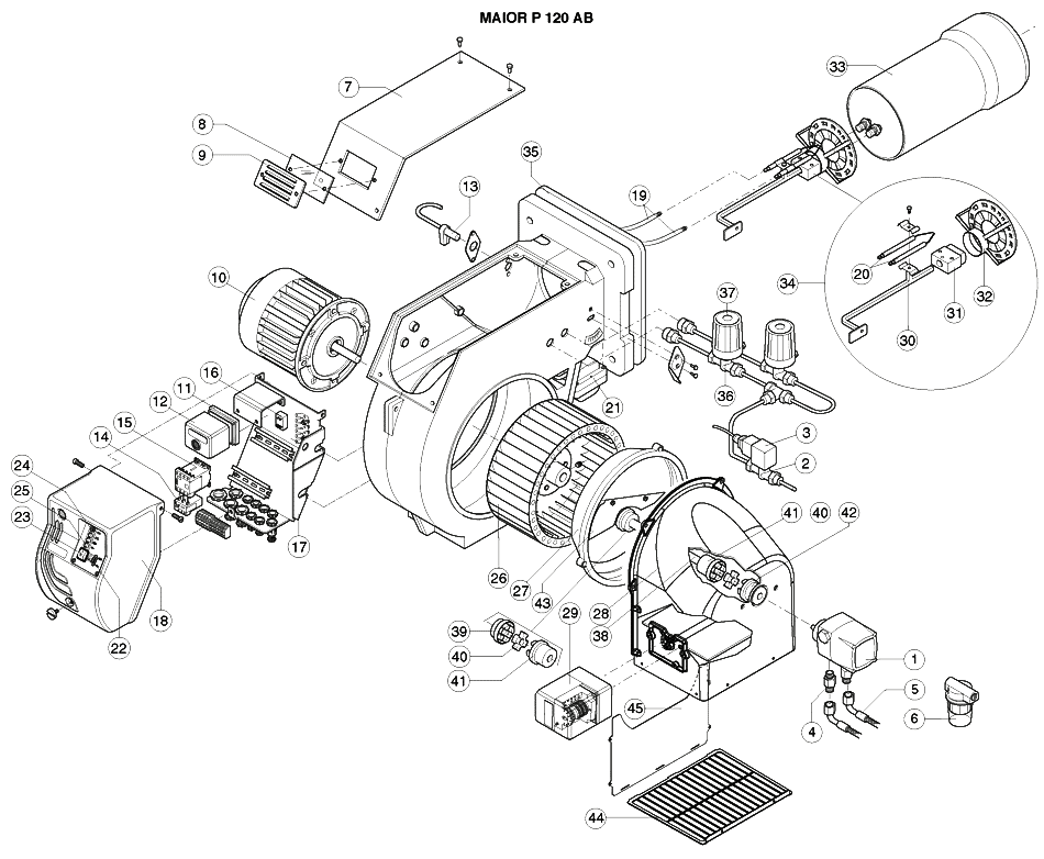 Схема деталей горелки дизельной Ecoflam Maior P 120 AB