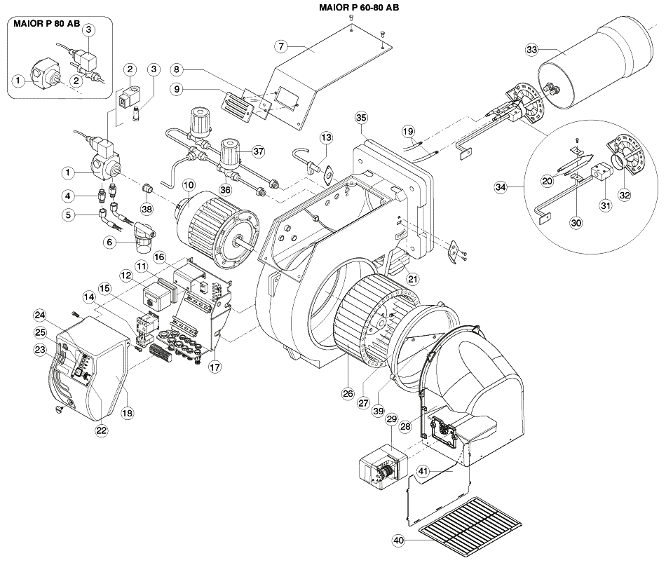 Схема деталей горелки дизельной Ecoflam Maior P 60 AB/P 80 AB