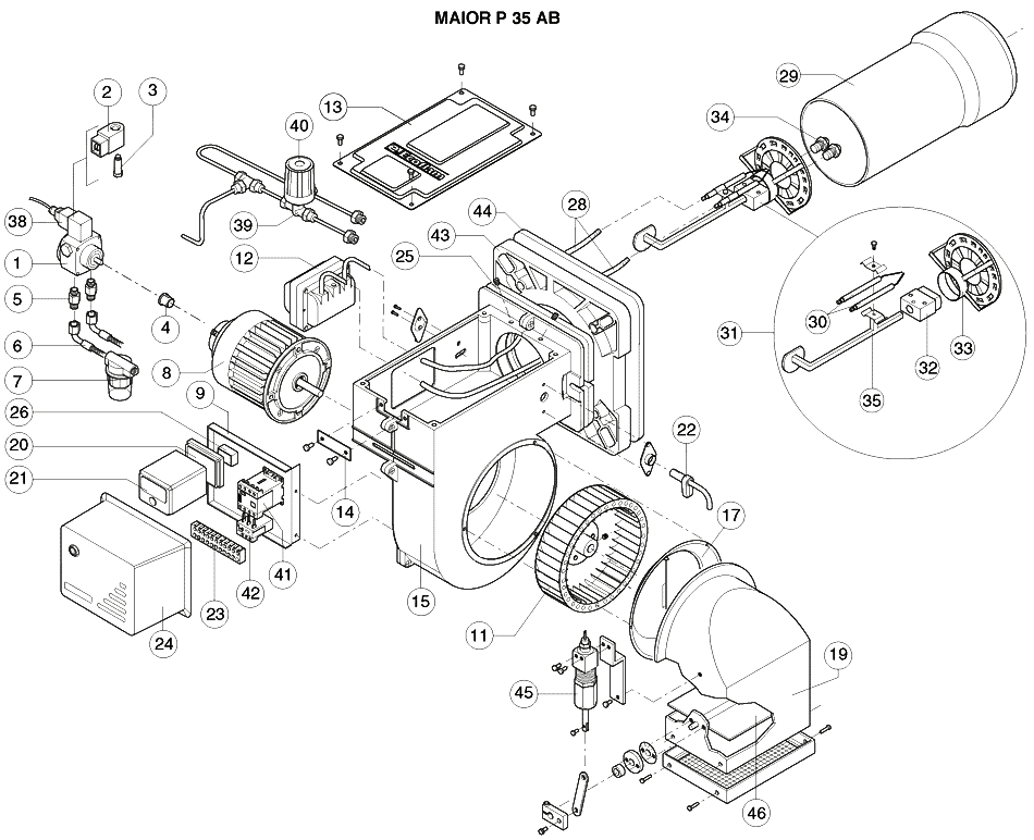 Схема деталей горелки дизельной Ecoflam Maior P 35 AB